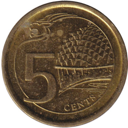 Монета 5 центов. 2014 год, Сингапур. Театр Эспланада.