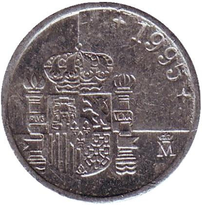 Монета 1 песета. 1995 год, Испания.