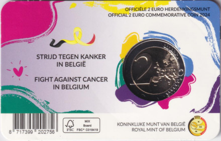 Монета 2 евро. 2024 год, Бельгия. Борьба с раком в Бельгии. (Надпись: Belgique). Монета 2 евро. 2024 год, Бельгия. Борьба с раком в Бельгии. (Надпись: Belgique).