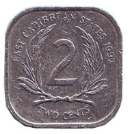 Монета 2 цента. 1997 год, Восточно-Карибские государства. Монета 2 цента. 1997 год, Восточно-Карибские государства.