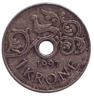 Монета 1 крона. 1997 год, Норвегия. Птица на виноградной лозе. Монета 1 крона. 1997 год, Норвегия. Птица на виноградной лозе.