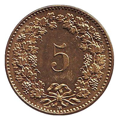 Монета 5 раппенов. 2015 год, Швейцария. Из обращения.