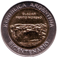 Монета 1 песо. 2010 год, Аргентина. UNC. 200 лет Аргентине. Ледник Перито-Морено. Монета 1 песо. 2010 год, Аргентина. UNC. 200 лет Аргентине. Ледник Перито-Морено.