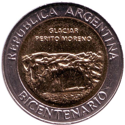 Монета 1 песо. 2010 год, Аргентина. UNC. 200 лет Аргентине. Ледник Перито-Морено.