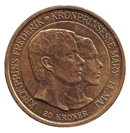 Монета 20 крон. 2004 год, Дания. Состояние - F. Свадьба Принца Фредерика и Мисс Мэри Дональдсон.