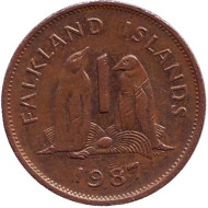 Монета 1 пенни. 1987 год, Фолклендские острова. Субантарктические пингвины. Монета 1 пенни. 1987 год, Фолклендские острова. Субантарктические пингвины.