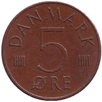 Монета 5 эре. 1976 год, Дания. S;B
