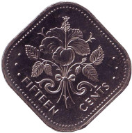 Монета 15 центов. 2005 год, Багамские острова. Гибискус.