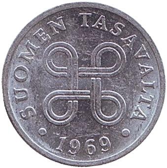 Монета 1 пенни. 1969 год, Финляндия. (алюминий)