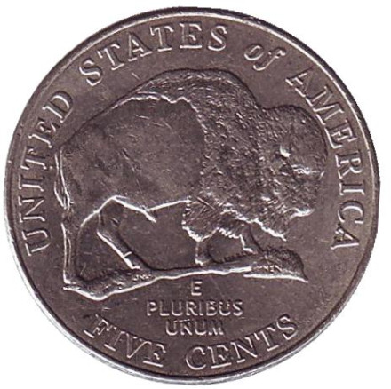 Монета 5 центов. 2005 год (D), США. Из обращения. Бизон.