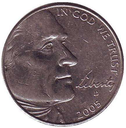 Монета 5 центов. 2005 год (D), США. Из обращения. Бизон.