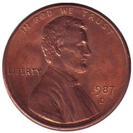 Монета 1 цент. 1987 год (D), США. Линкольн. Монета 1 цент. 1987 год (D), США. Линкольн.