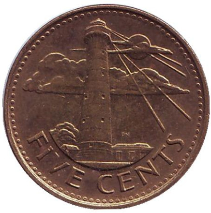 Монета 5 центов. 2007 год, Барбадос. (Немагнитная) Маяк.