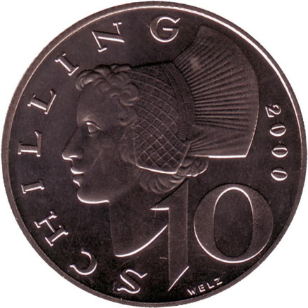 Монета 10 шиллингов. 2000 год, Австрия. Женщина из Вахау.