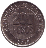 Монета 200 песо. 2010 год, Колумбия. Монета 200 песо. 2010 год, Колумбия.