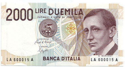 Банкнота 2000 лир. 1990 год, Италия. Гульельмо Маркони.