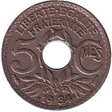 Монета 5 сантимов. 1934 год, Франция.