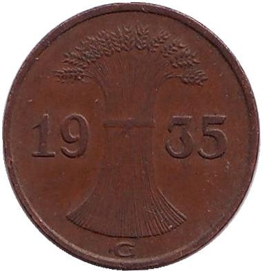 Монета 1 рейхспфенниг. 1935 год (G), Веймарская республика. Монета 1 рейхспфенниг. 1935 год (G), Веймарская республика.