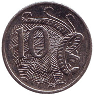 Монета 10 центов. 2003 год, Австралия. Лирохвост. Монета 10 центов. 2003 год, Австралия. Лирохвост.