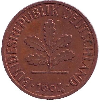 Монета 2 пфеннига. 1994 год (G), ФРГ. Дубовые листья. Монета 2 пфеннига. 1994 год (G), ФРГ. Дубовые листья.
