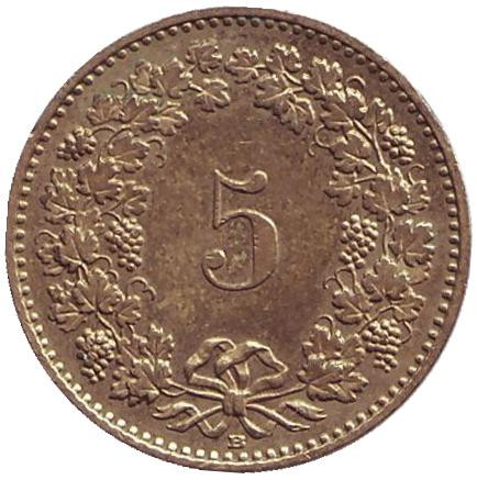 Монета 5 раппенов. 2005 год, Швейцария.