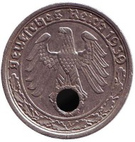 Монета 50 рейхспфеннигов. 1939 год, Германия (Третий Рейх). (A). Никель. Монета 50 рейхспфеннигов. 1939 год, Германия (Третий Рейх). (A). Никель.
