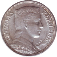 Монета 5 латов. 1929 год, Латвия. Милда. Монета 5 латов. 1929 год, Латвия. Милда.