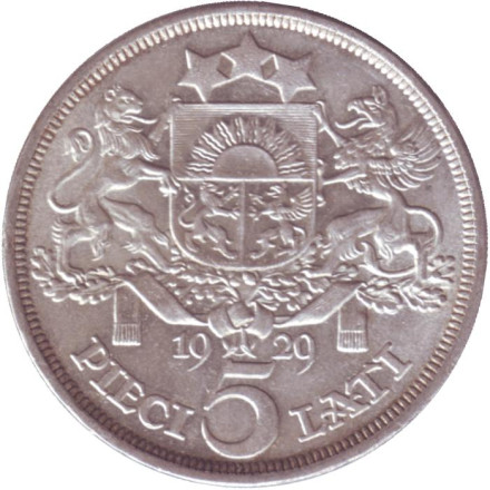 Монета 5 латов. 1929 год, Латвия. Милда. Монета 5 латов. 1929 год, Латвия. Милда.