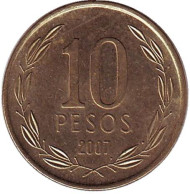 Монета 10 песо. 2007 год, Чили. Бернардо О’Хиггинс. Монета 10 песо. 2007 год, Чили. Бернардо О’Хиггинс.