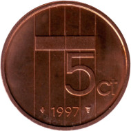Монета 5 центов. 1997 год, Нидерланды. BU. Монета 5 центов. 1997 год, Нидерланды. BU.