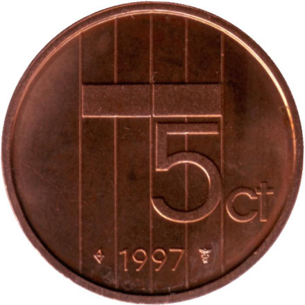 Монета 5 центов. 1997 год, Нидерланды. BU.