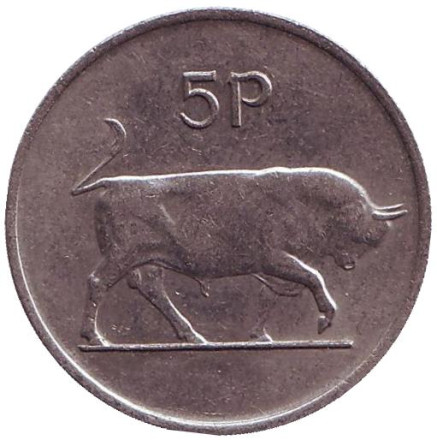 Монета 5 пенсов. 1985 год, Ирландия. Бык. Ирландская арфа.