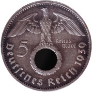 Монета 5 рейхсмарок. 1939 год, Германия (Третий Рейх). (B). Монета 5 рейхсмарок. 1939 год, Германия (Третий Рейх). (B).