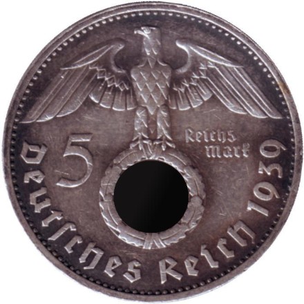 Монета 5 рейхсмарок. 1939 год, Германия (Третий Рейх). (B). Монета 5 рейхсмарок. 1939 год, Германия (Третий Рейх). (B).