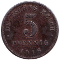 Монета 5 пфеннигов. 1918 (А) год, Германская империя. Монета 5 пфеннигов. 1918 (А) год, Германская империя.