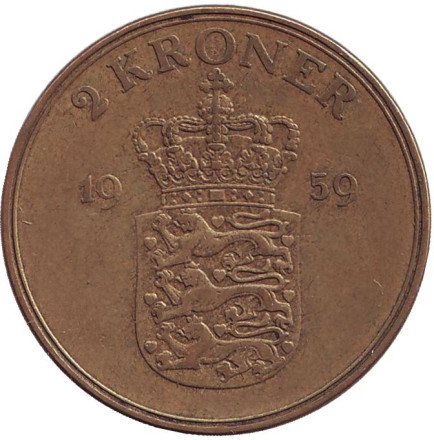 Монета 2 кроны. 1959 год, Дания. Фредерик IX. Редкий год!