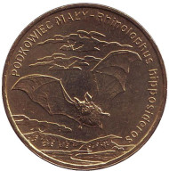 Монета 2 злотых, 2010 год, Польша. Летучая мышь. Малый подковонос. Монета 2 злотых, 2010 год, Польша. Летучая мышь. Малый подковонос.