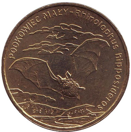 Монета 2 злотых, 2010 год, Польша. Летучая мышь. Малый подковонос.