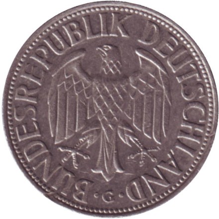 Монета 1 марка. 1968 год (G), ФРГ. Монета 1 марка. 1968 год (G), ФРГ.