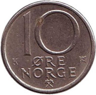 Монета 10 эре. 1982 год, Норвегия. Монета 10 эре. 1982 год, Норвегия.