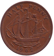 Монета 1/2 пенни. 1962 год, Великобритания. "Золотая лань". Монета 1/2 пенни. 1962 год, Великобритания. "Золотая лань".