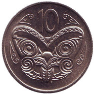 Монета 10 центов. 1971 год, Новая Зеландия. UNC. Маска маори. Монета 10 центов. 1971 год, Новая Зеландия. UNC. Маска маори.