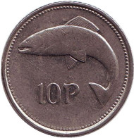 Монета 10 пенсов. 1994 год, Ирландия. Лосось. Монета 10 пенсов. 1994 год, Ирландия. Лосось.