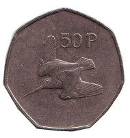 Монета 50 пенсов. 1977 год, Ирландия. Вальдшнеп (Лесной кулик).