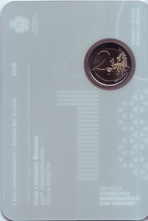 Монета 2 евро. 2018 год, Сан-Марино. 420 лет со дня рождения Джованни Лоренцо Бернини. Монета 2 евро. 2018 год, Сан-Марино. 420 лет со дня рождения Джованни Лоренцо Бернини.