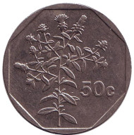 Монета 50 центов. 1995 год, Мальта. Растение. Монета 50 центов. 1995 год, Мальта. Растение.