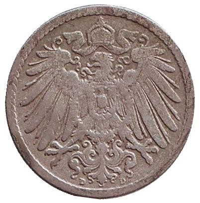 Монета 5 пфеннигов. 1890 год (D), Германская империя. Монета 5 пфеннигов. 1890 год (D), Германская империя.