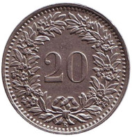 Монета 20 раппенов. 1945 год, Швейцария. Монета 20 раппенов. 1945 год, Швейцария.