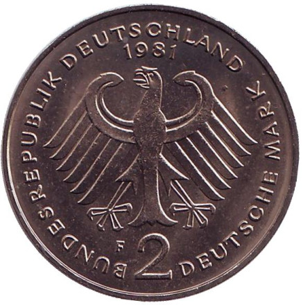 Монета 2 марки. 1981 год (F), ФРГ. Курт Шумахер. Монета 2 марки. 1981 год (F), ФРГ. Курт Шумахер.