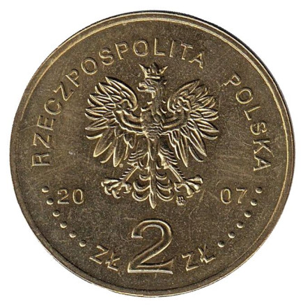 Монета 2 злотых, 2007 год, Польша. (Ника) История злотого: 5 злотых образца 1928 года.